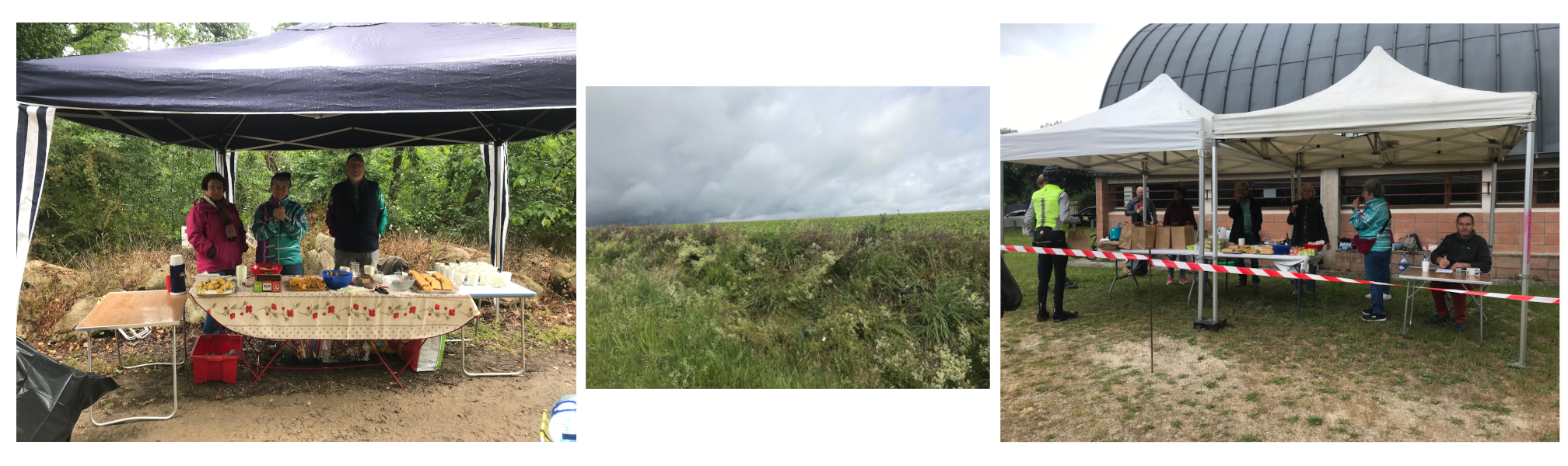 Deux photos des contrôles et ravitaillements de Moigny (gauche) et de St Hilaire pendant le Tour de l'Essonne 2026, encadrent une vue du ciel dans la matinée